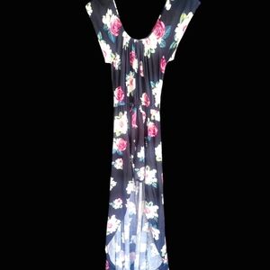 Poof New York Short One-Piece W/ Long Train Dress Woman’s LG Black  Flowered